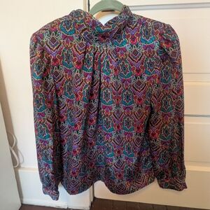 Vintage-Inspired Multicolor Patterned High-Neck Blouse